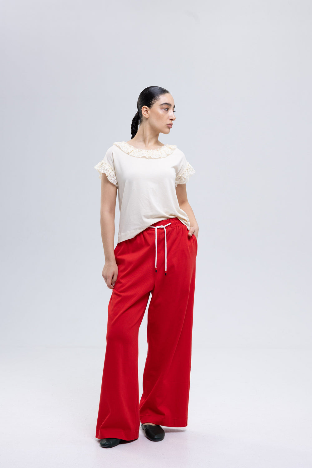 Women's red cotton wide leg sweatpants by Baleni