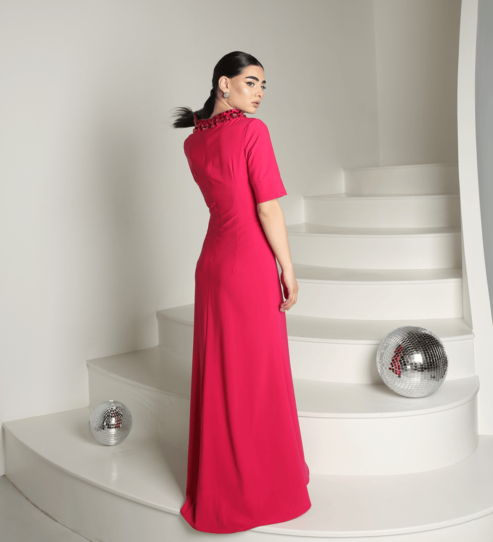 Rhinestone embellished evening gown in fuchsia - Baleni