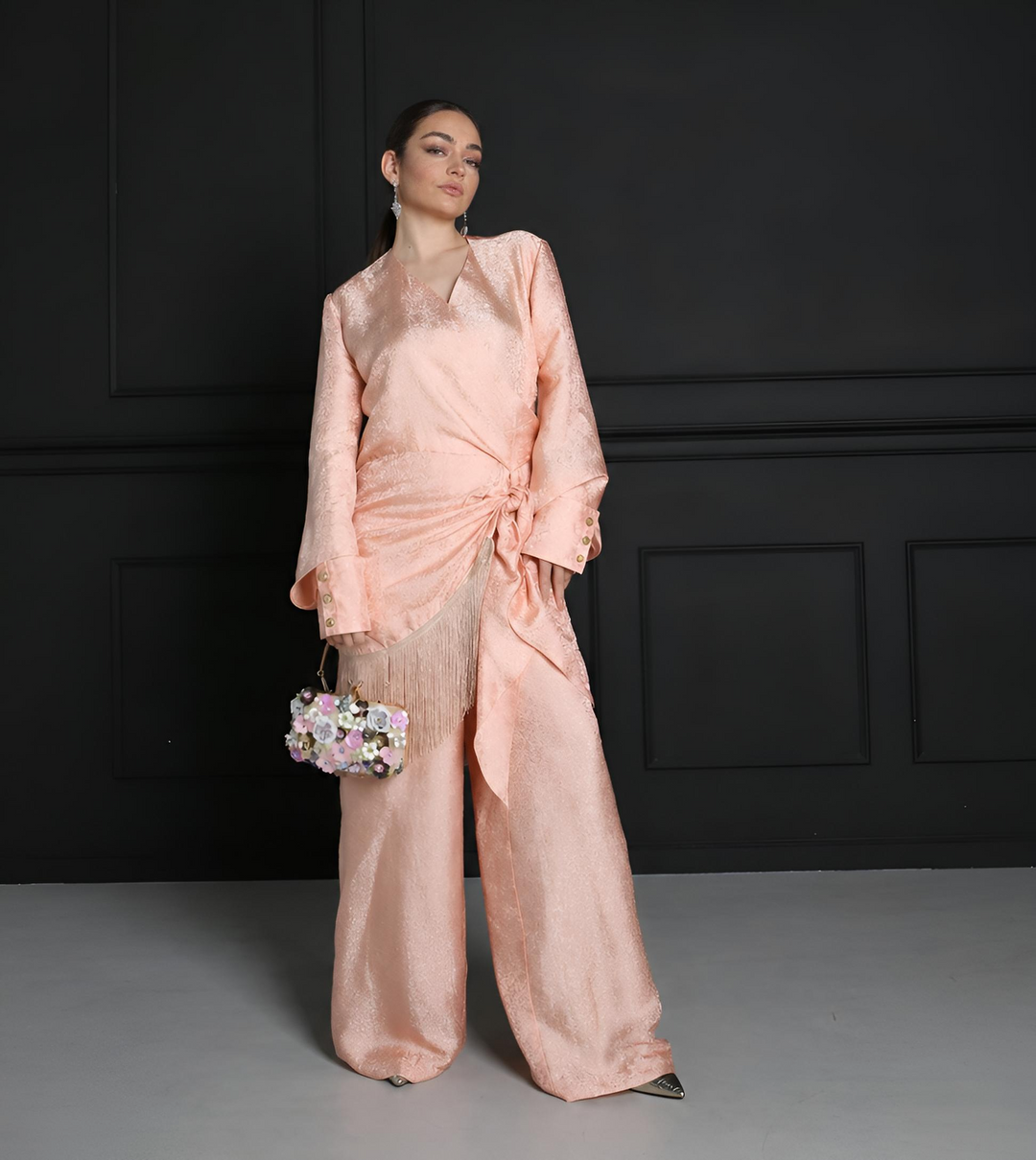 Peach floral silk co ord set - Baleni
