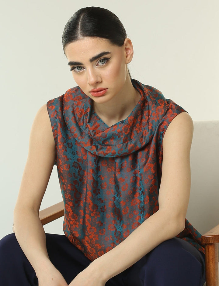 Deep teal and spicy orange silk cowl neck top