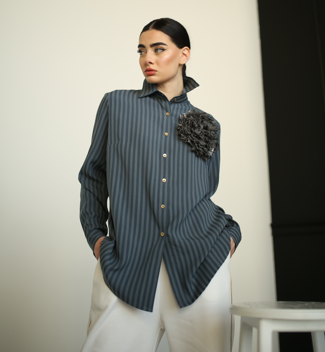 Dusty blue and gray striped button-down shirt for women