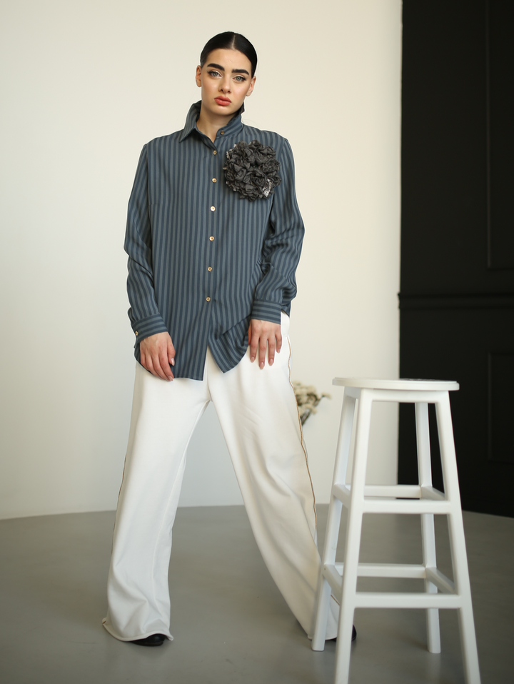 Women's striped Tencel shirt with flower appliqué by Baleni