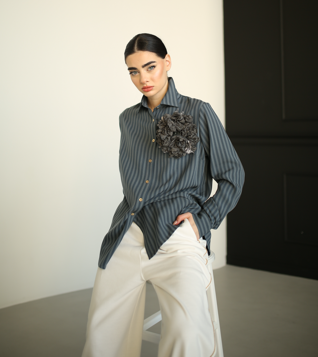 Blue and gray striped shirt with classic collar
