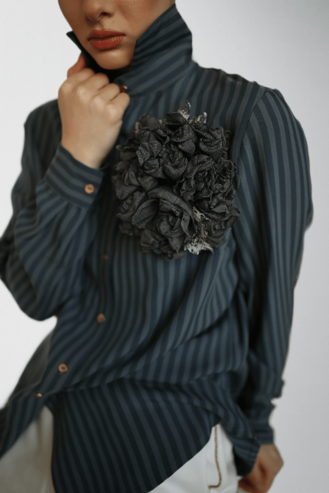 Striped twill shirt with handmade flower