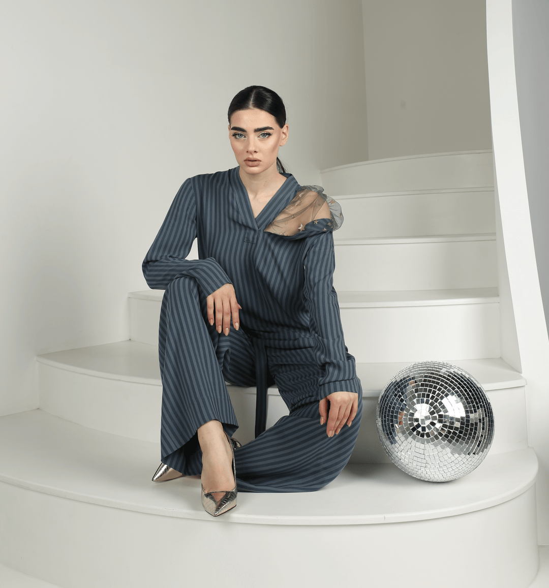 Dusty blue and grey striped wide leg trousers - Baleni