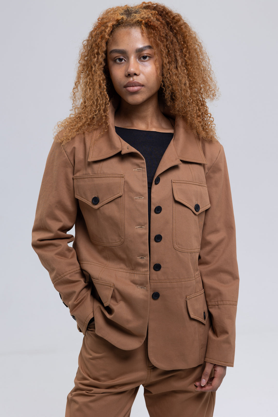 Brown utility jacket for women in cotton twill - Baleni