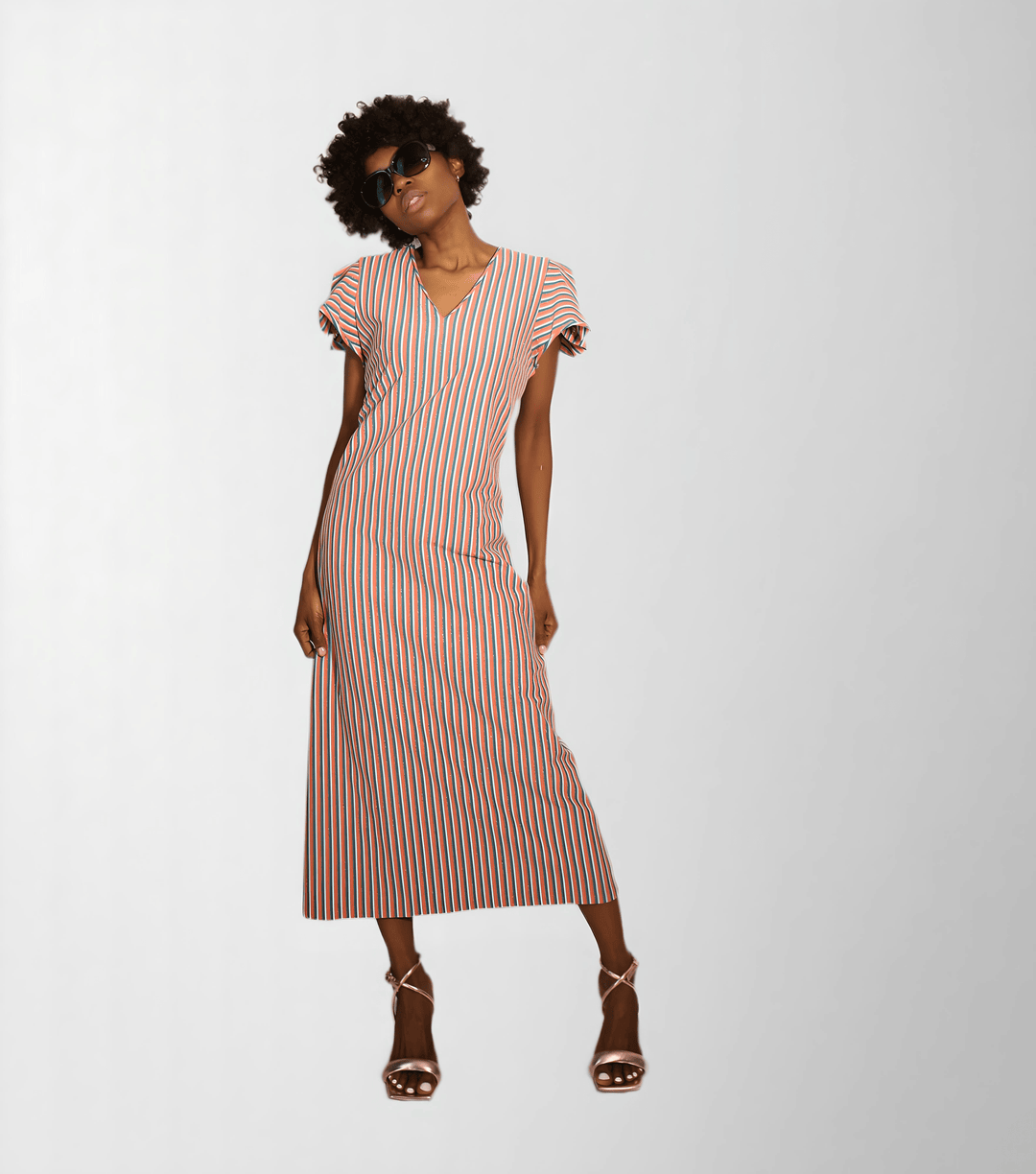Striped lurex V neck midi dress - Baleni