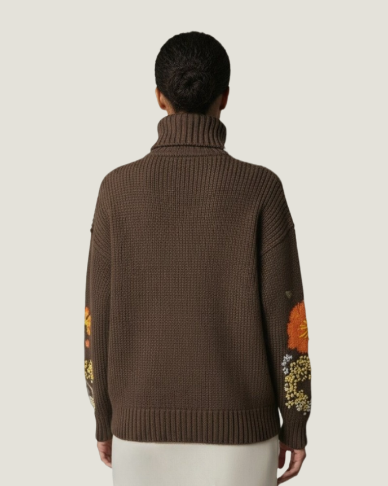 Hand-Embroidered Oversized Turtleneck Sweater