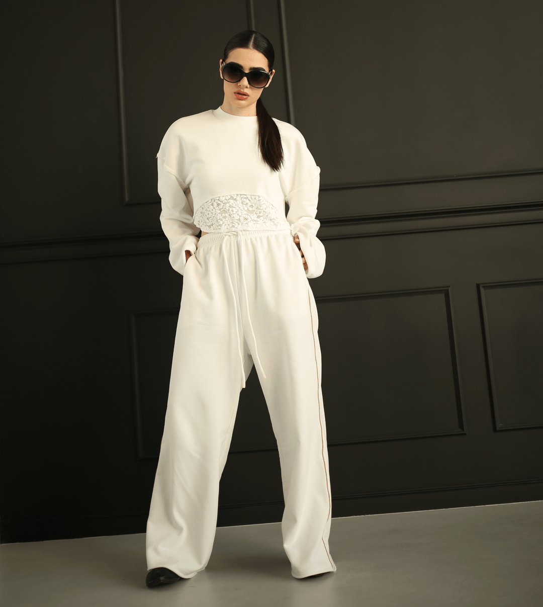 Women's white tracksuit with gold piping trackpants by Baleni