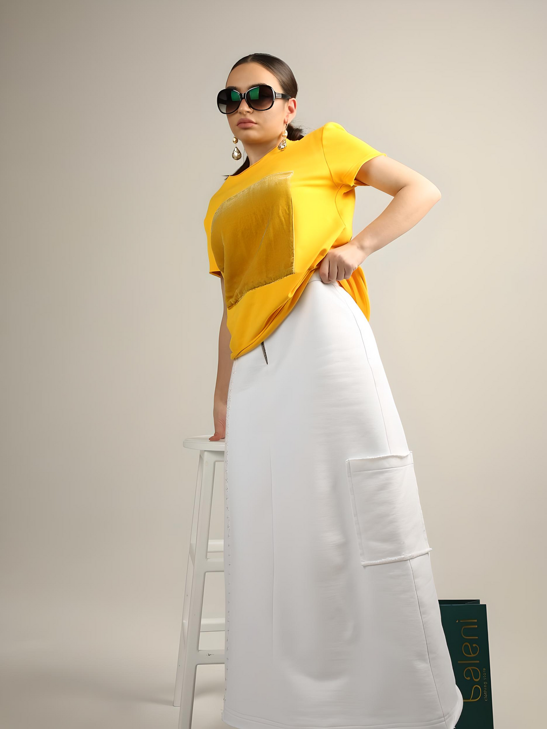 Women's white heavy cotton skirt with cargo pocket by Baleni