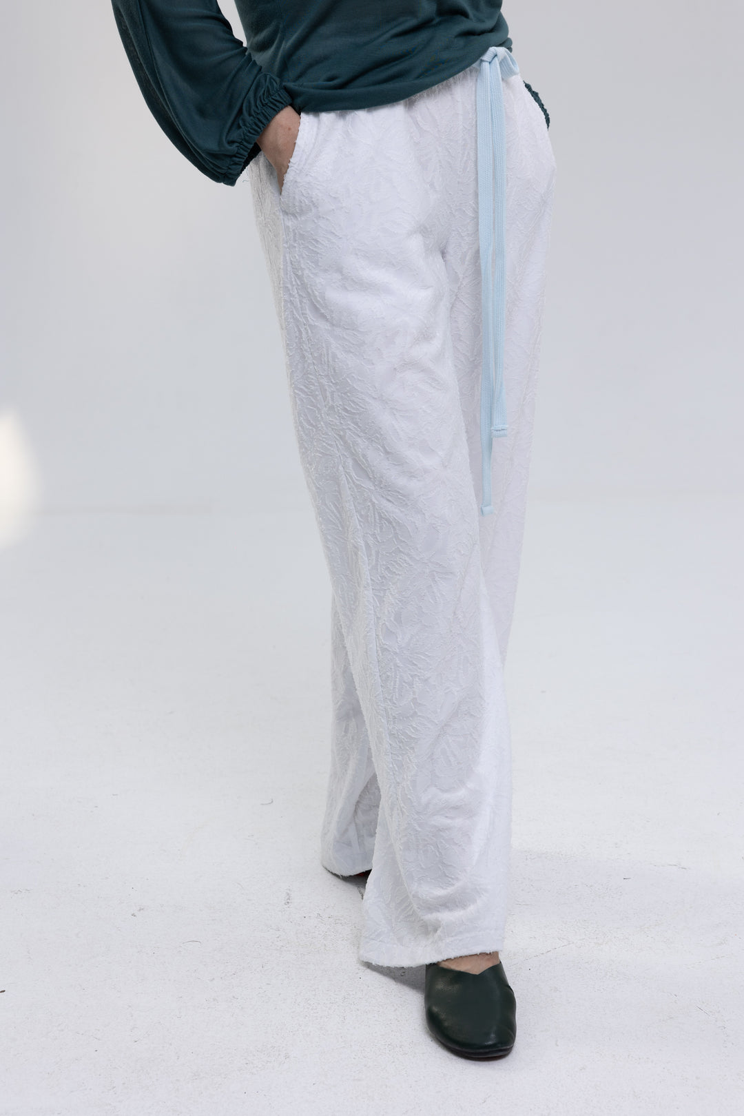 White jacquard pants with drawstring waist