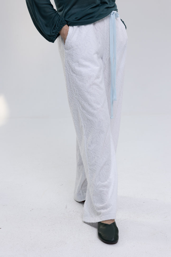 White jacquard pants with drawstring waist