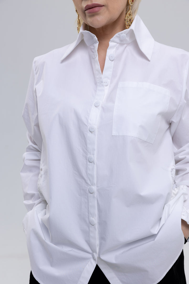 White cotton shirt with guipure lace