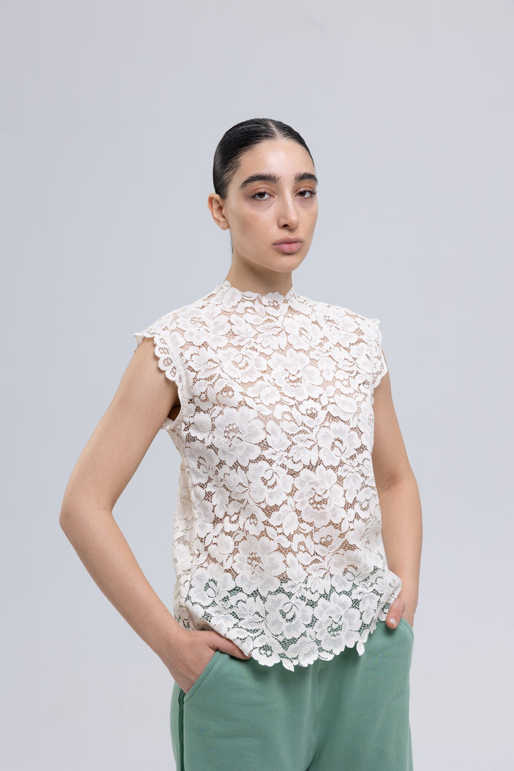Off-white sleeveless cotton lace top for women