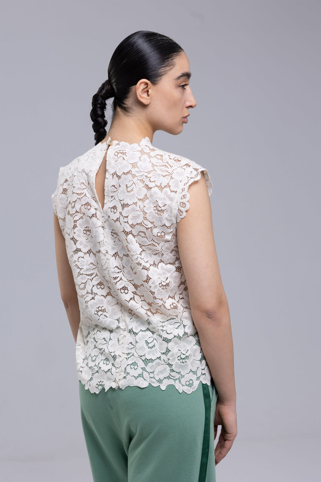 White lace top with jewel neckline
