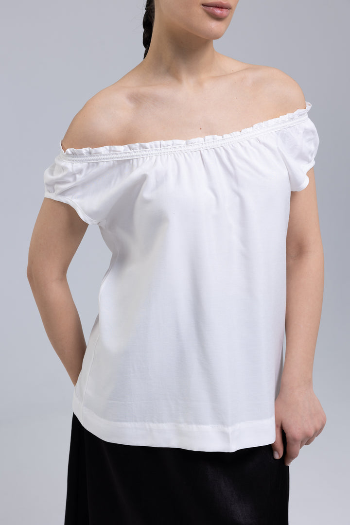 White silk linen top with elastic neckline