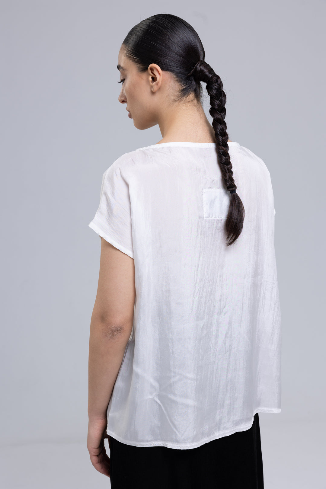 Silk V-neck blouse with handmade flowers