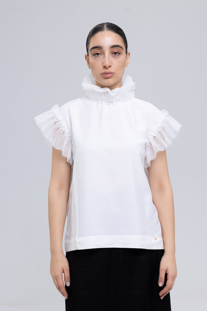 White Victorian blouse with frilled lace high neck
