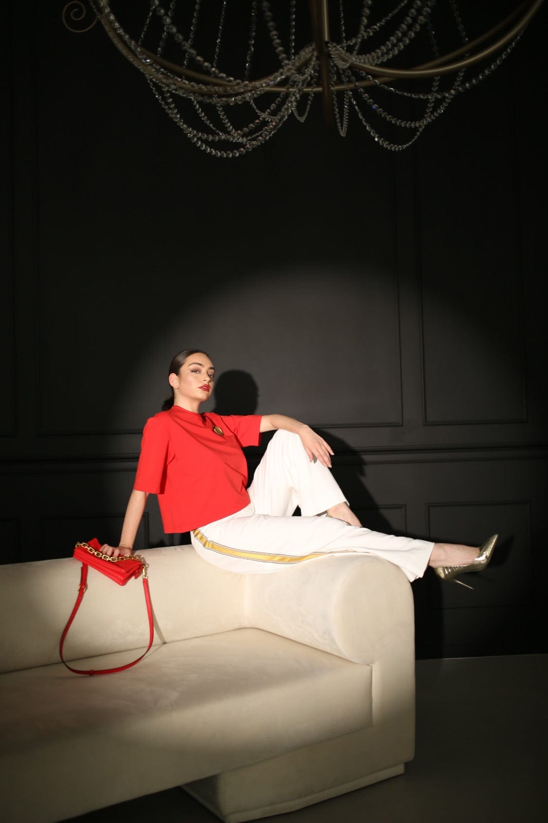 White wide leg pants with grosgrain ribbon