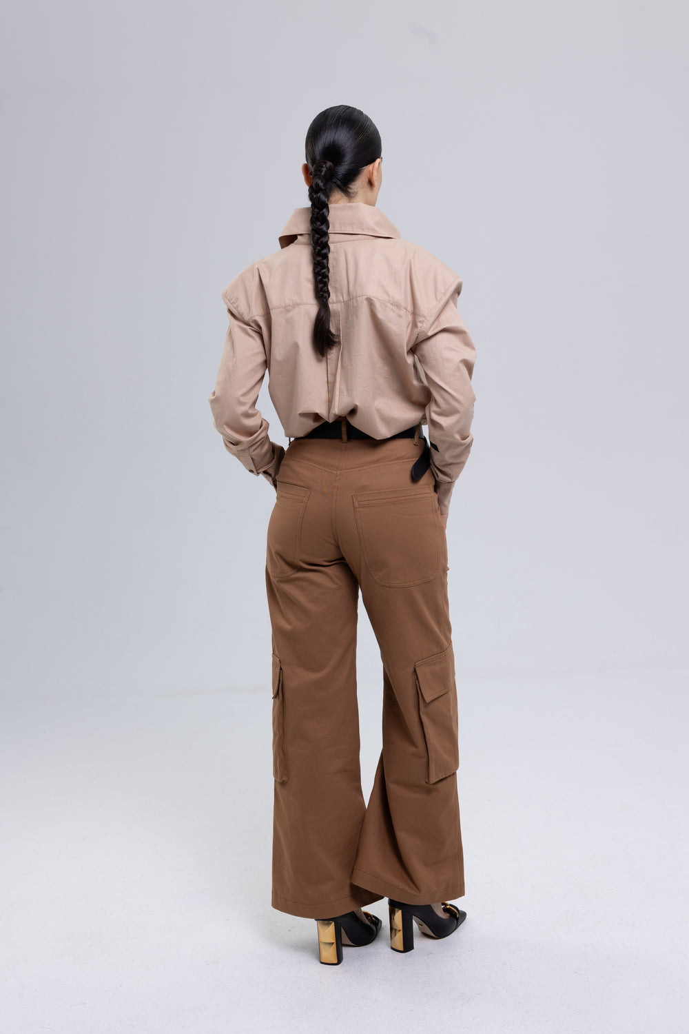 Brown wide-leg cargo pants with side pockets - Baleni