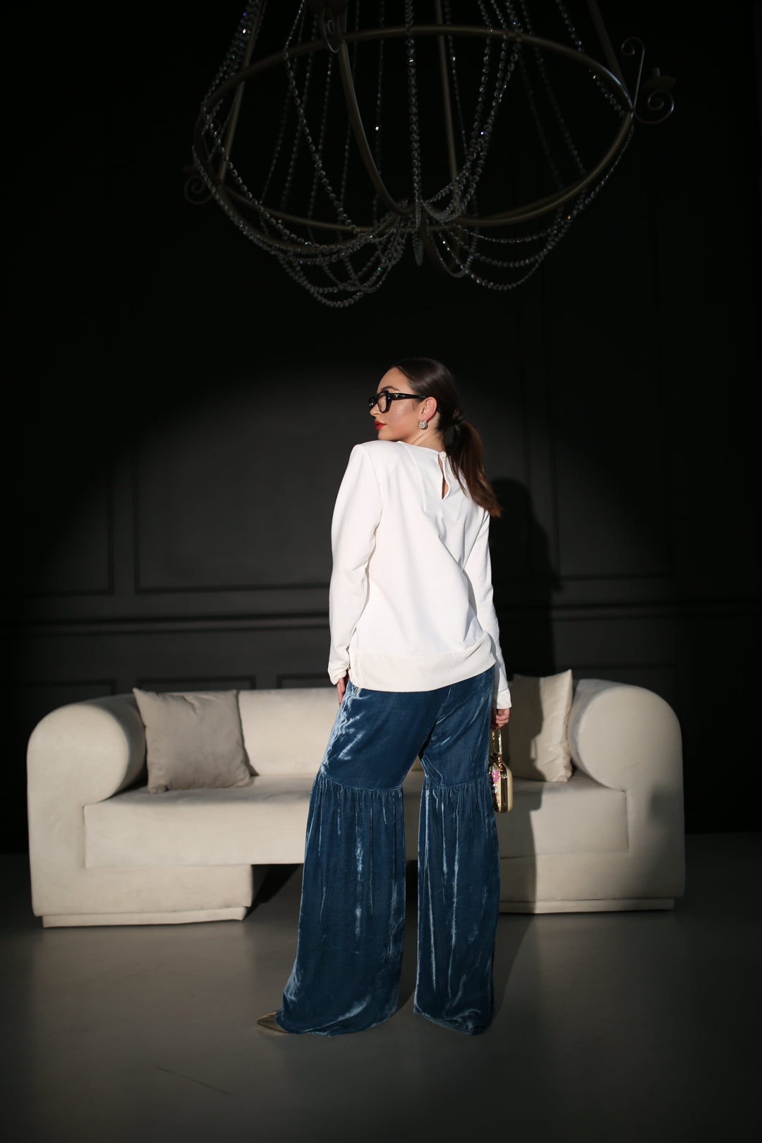 Wide-leg velvet trousers with elasticated waistband - Baleni